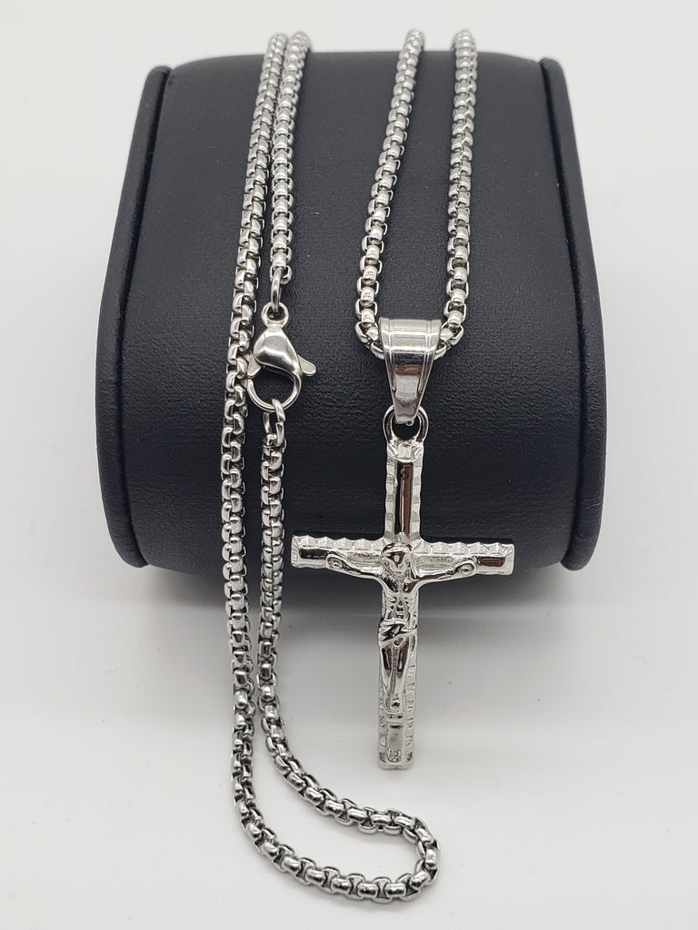 Cross Crucifix Necklace 3D Stainless Steel Silver Tone