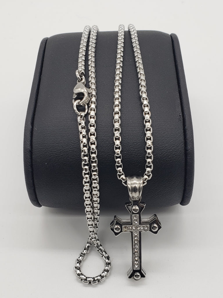 Cross Necklace CZ Stones 3D Stainless Steel