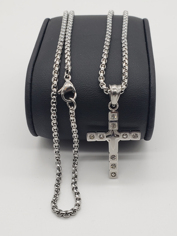 Cross Necklace 9 CZ Stones 3D Stainless Steel