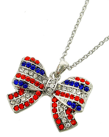 Silver Tone / Multi Color Rhinestone Independence Day Bow Tie Necklace
