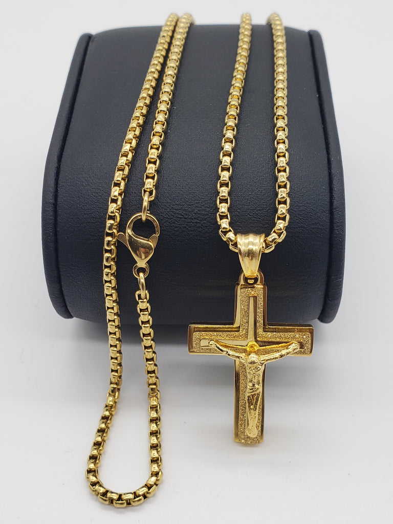 Cross Necklace 3D Stainless Steel Gold Tone Crucifix