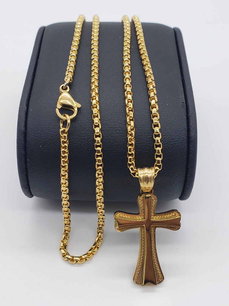 Cross Necklace 3D Stainless Steel Gold Tone