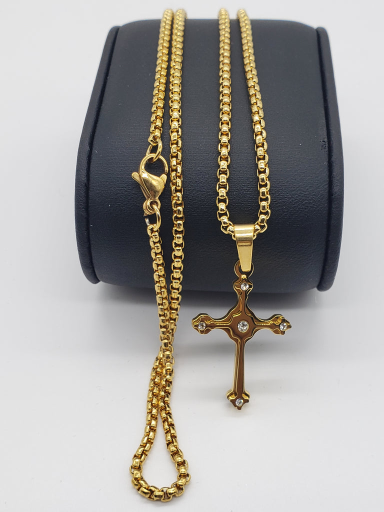 Cross Necklace 5 CZ Stones 3D Stainless Steel Gold Tone