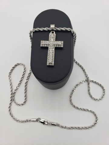 Cross Necklace Bling Raised CZ Stones 3D Stainless Steel