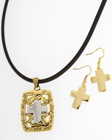 Two-tone Metal / Black Cord / Cross W/message / Necklace & Fish Hook Earring Set