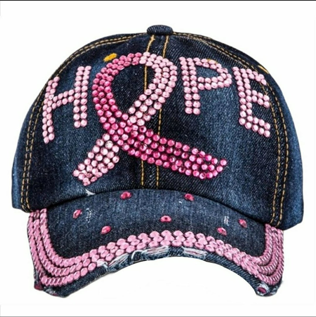 Pink HOPE with Cancer Ribbon Denim Cap